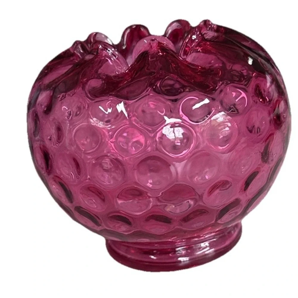 Vintage Fenton Cranberry Rose Bowl‎ Vase Inverted Reverse Coin Dot Art Glass